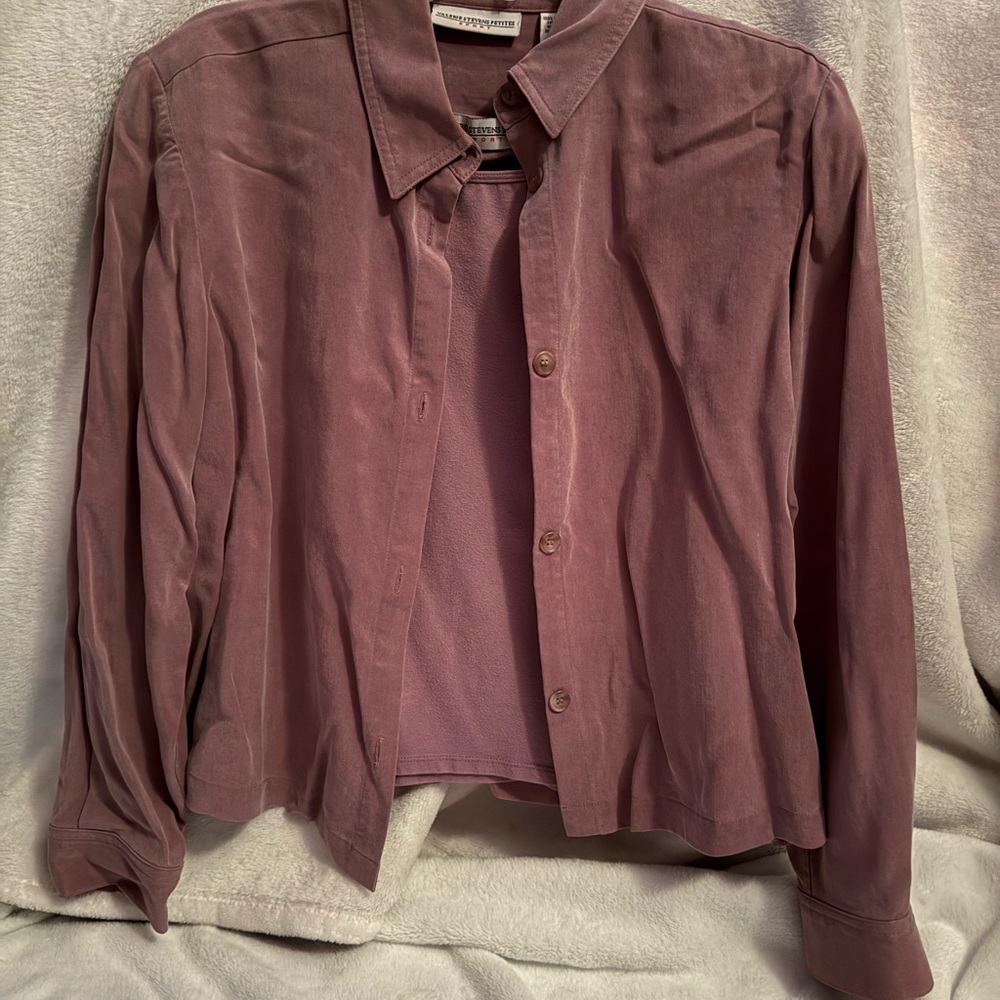 Valerie Stevens Purple Button-Up Blouse and Pant Suit - Picture 3 of 5